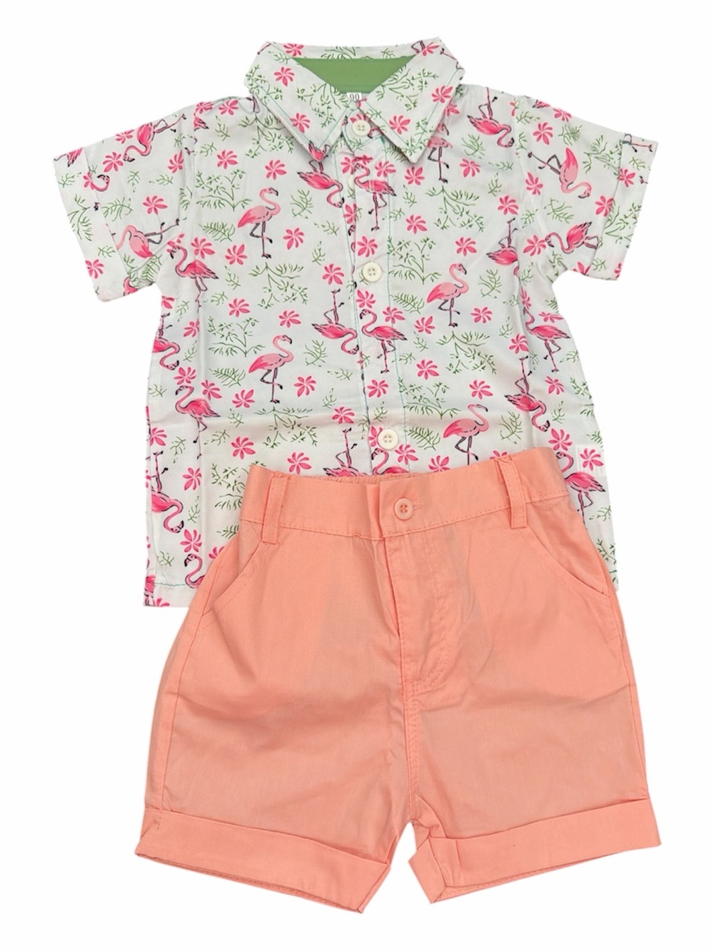 Baby Flamingo Print Button-Up Shirt & Coral Shorts Set